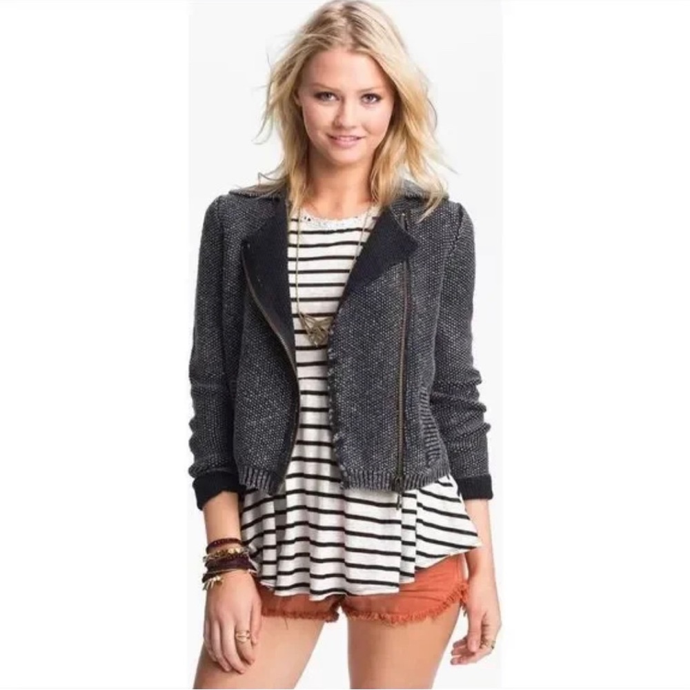 Free People Warm & Cool Knit Sweater Moto Jacket Charcoal Grey - Small